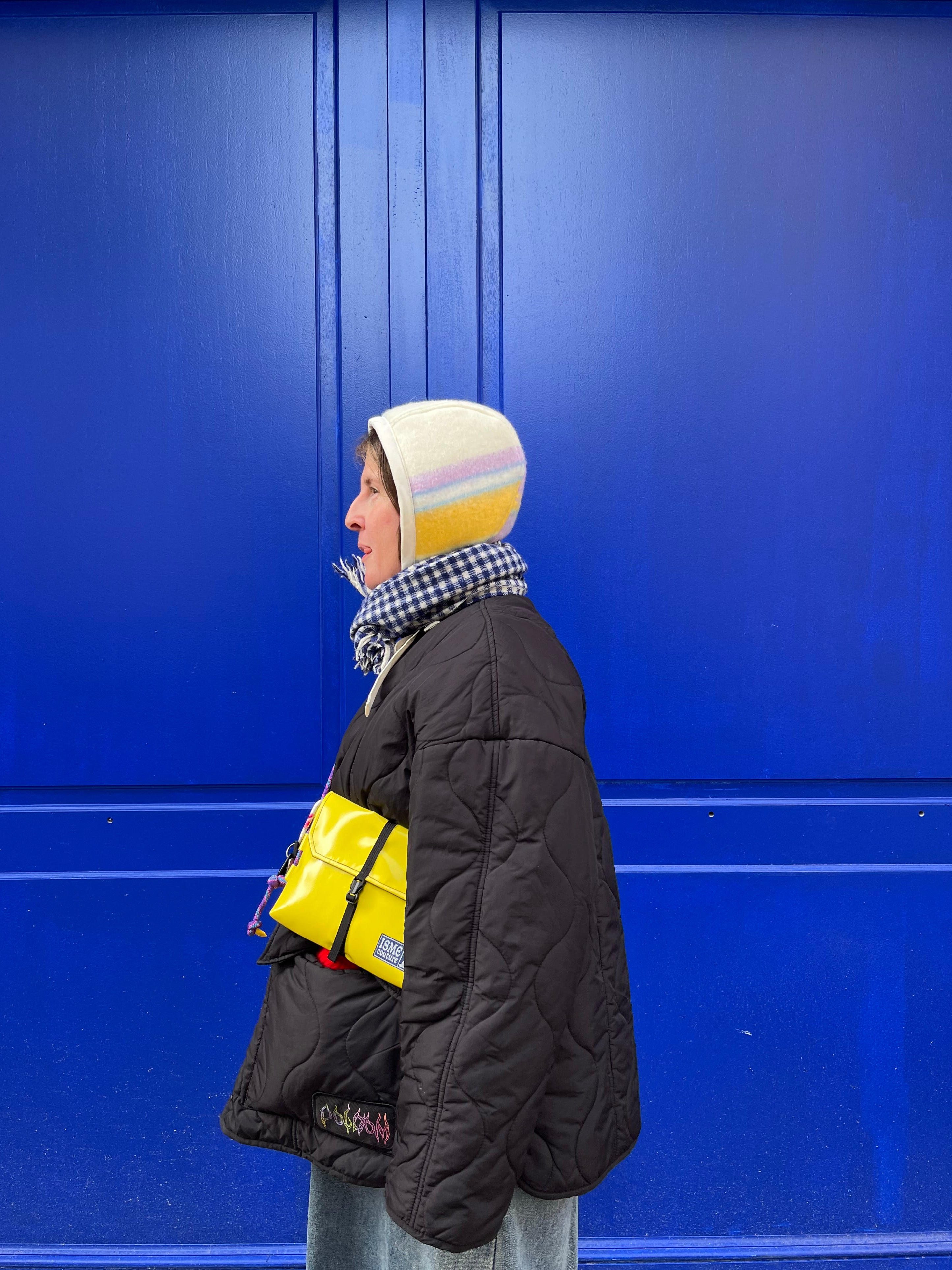 Béguin à rayures adulte upcyclé en laine & polaire – Pièce unique