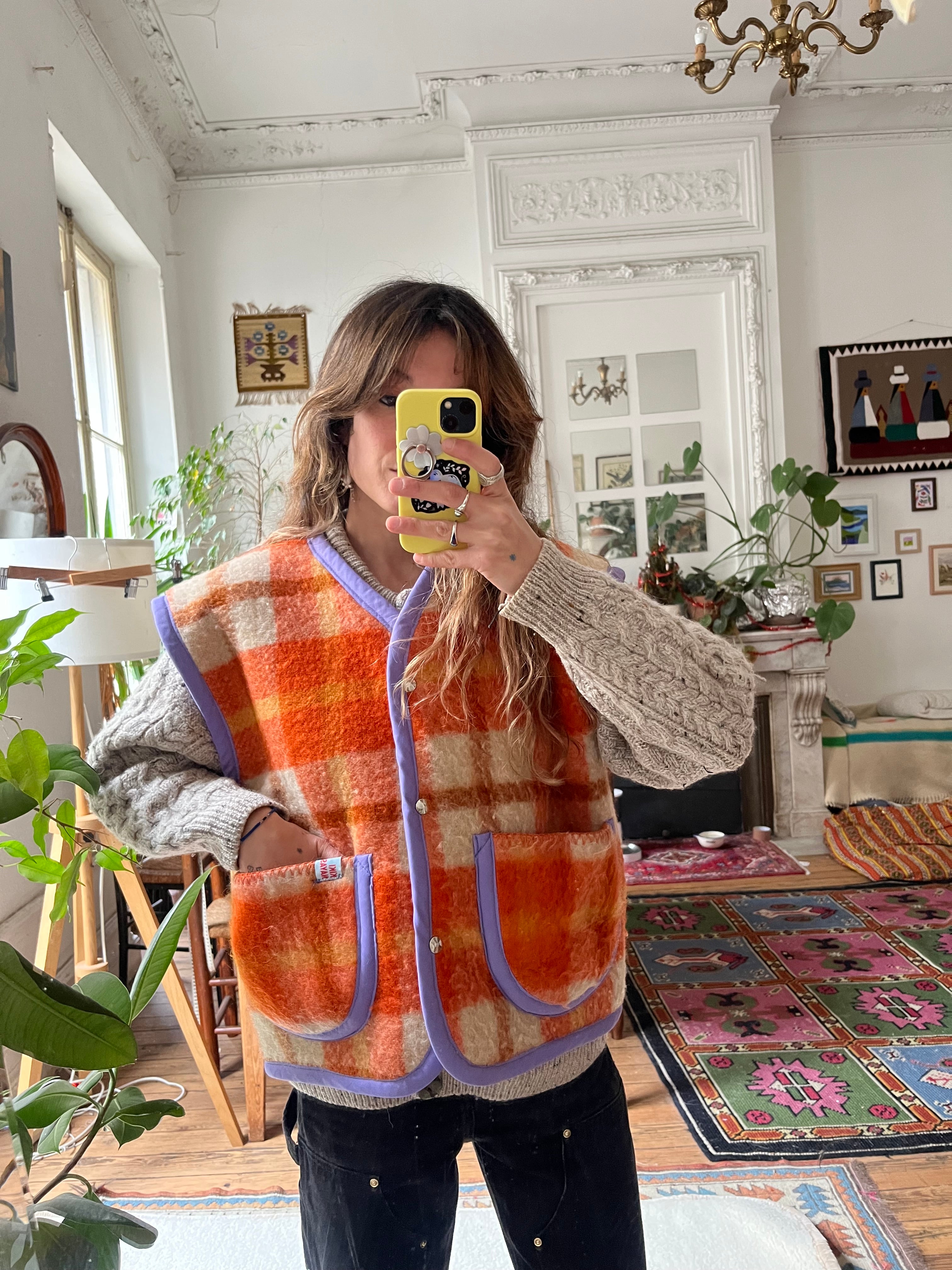 Veste sans manches oversize laine carreaux - Pièce unique