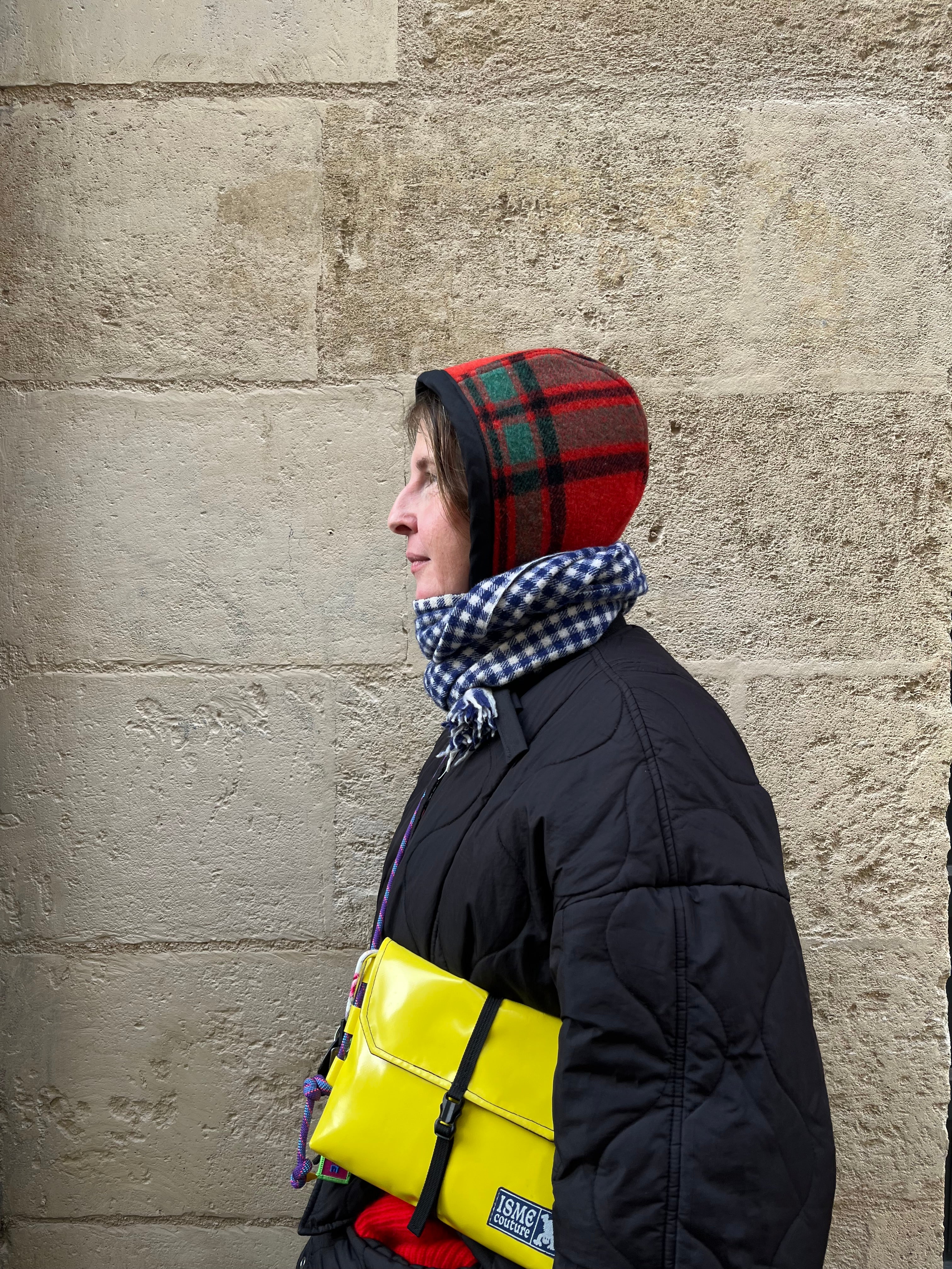 Béguin tartan adulte upcyclé en laine & polaire – Pièce unique